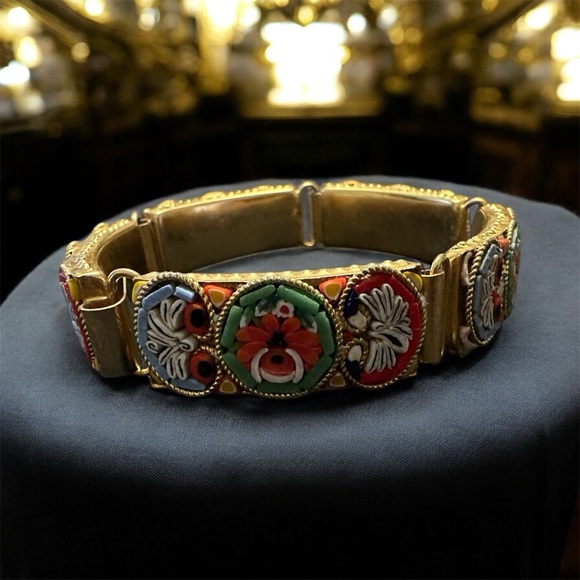 Vintage Millefiori Bracelet  Multicolor Micro Mosaic Floral Panels Goldtone 8" - Picture 3 of 8